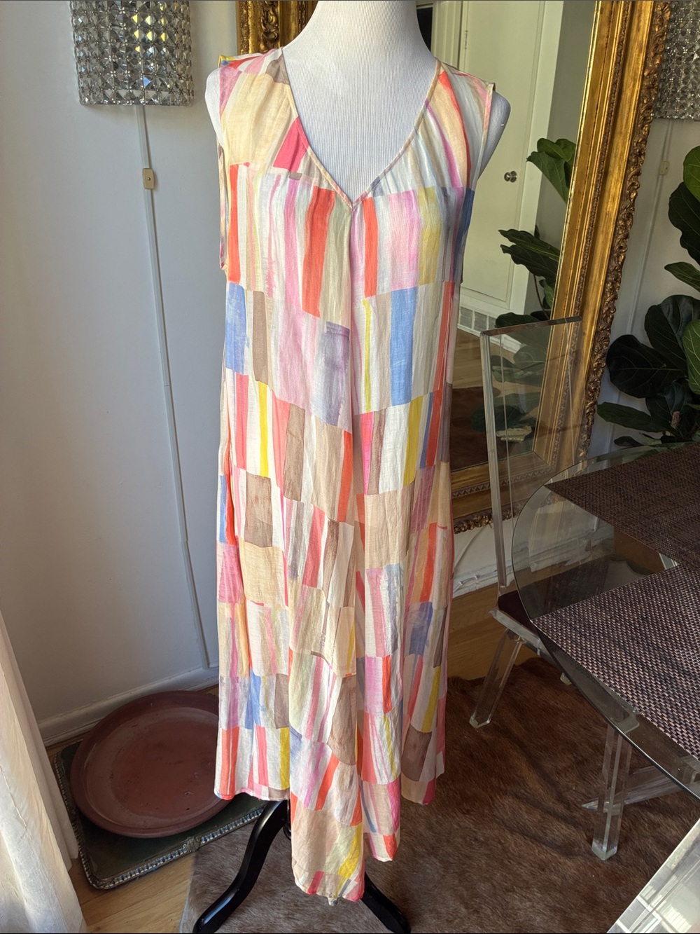 Oska Sleeveless V-Neck Patchwork Stripe Maxi Dress in Pastel Multicolor S